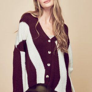 Petal Dew Two-Tone Rib-Knit Drop Shoulder Cardigan